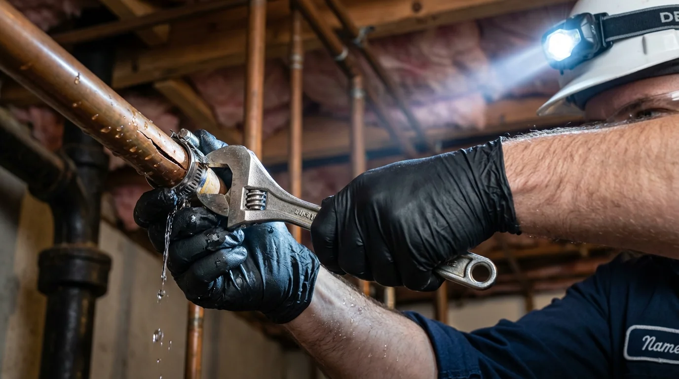 Emergency pipe clamp repair being performed by a Johns Plumbing LLC plumber in Tell City