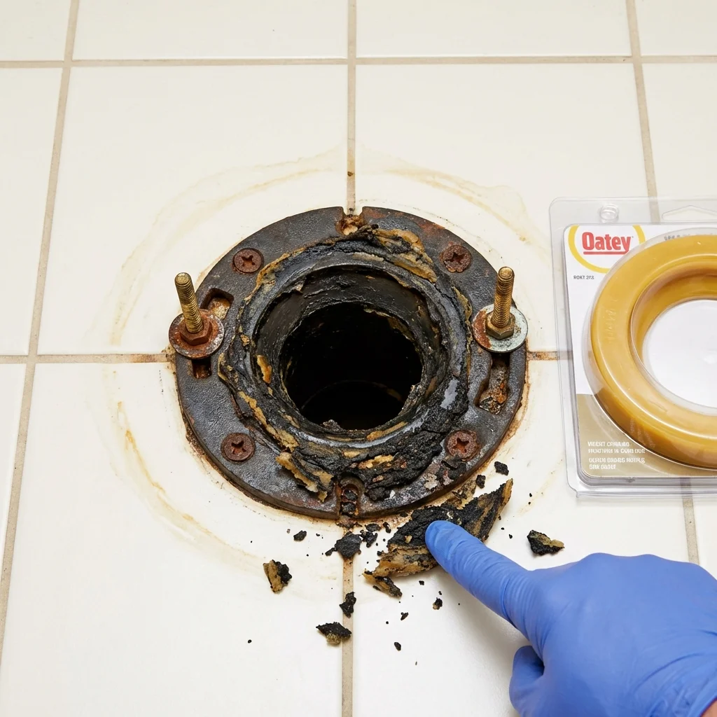 Failed wax ring showing water seepage at the base of a toilet in a Tell City, IN home