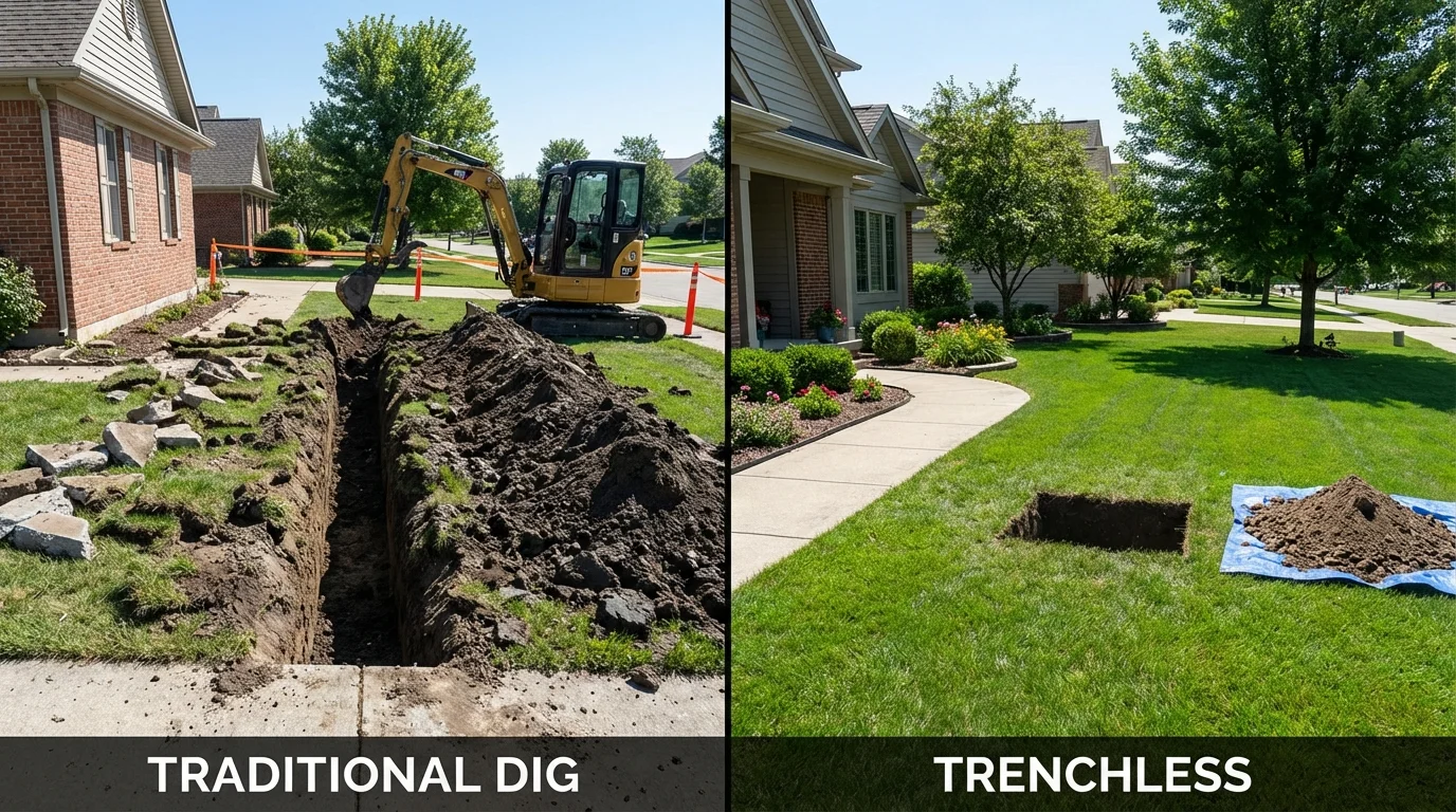 Trenchless sewer repair with minimal yard damage versus traditional excavation in Tell City, IN