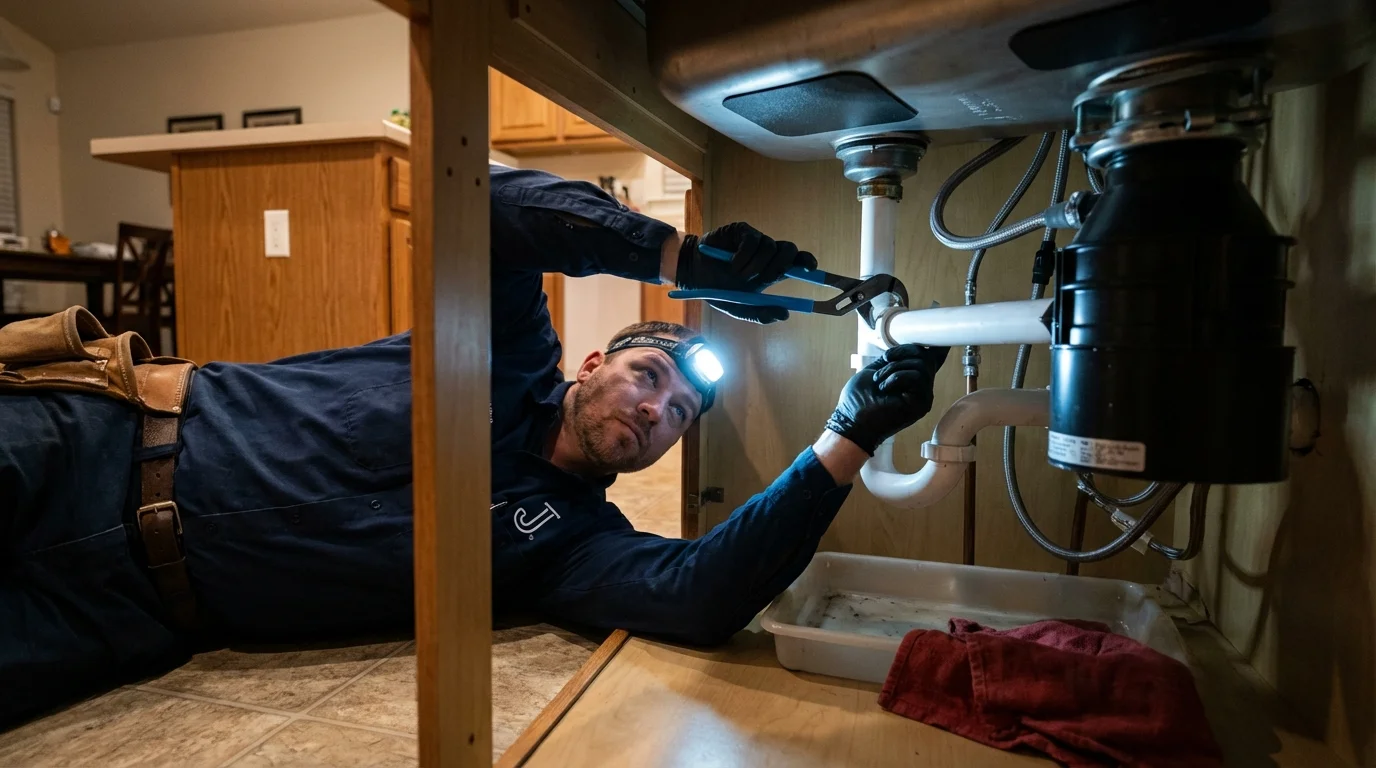 P-trap and supply line connections under a kitchen sink showing a common leak point in Tell City, IN